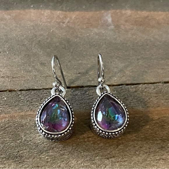 Mystic Topaz Drop Purple, Green, Silver Boho Rainbow Gemstone Retro Earrings - Picture 8 of 9